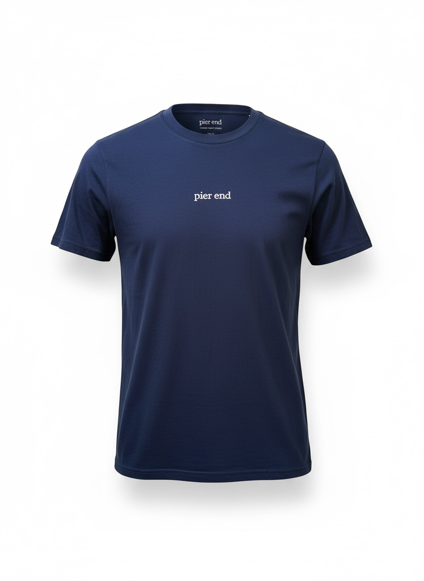French navy organic cotton t-shirt with Pier End chest embroidery, front view