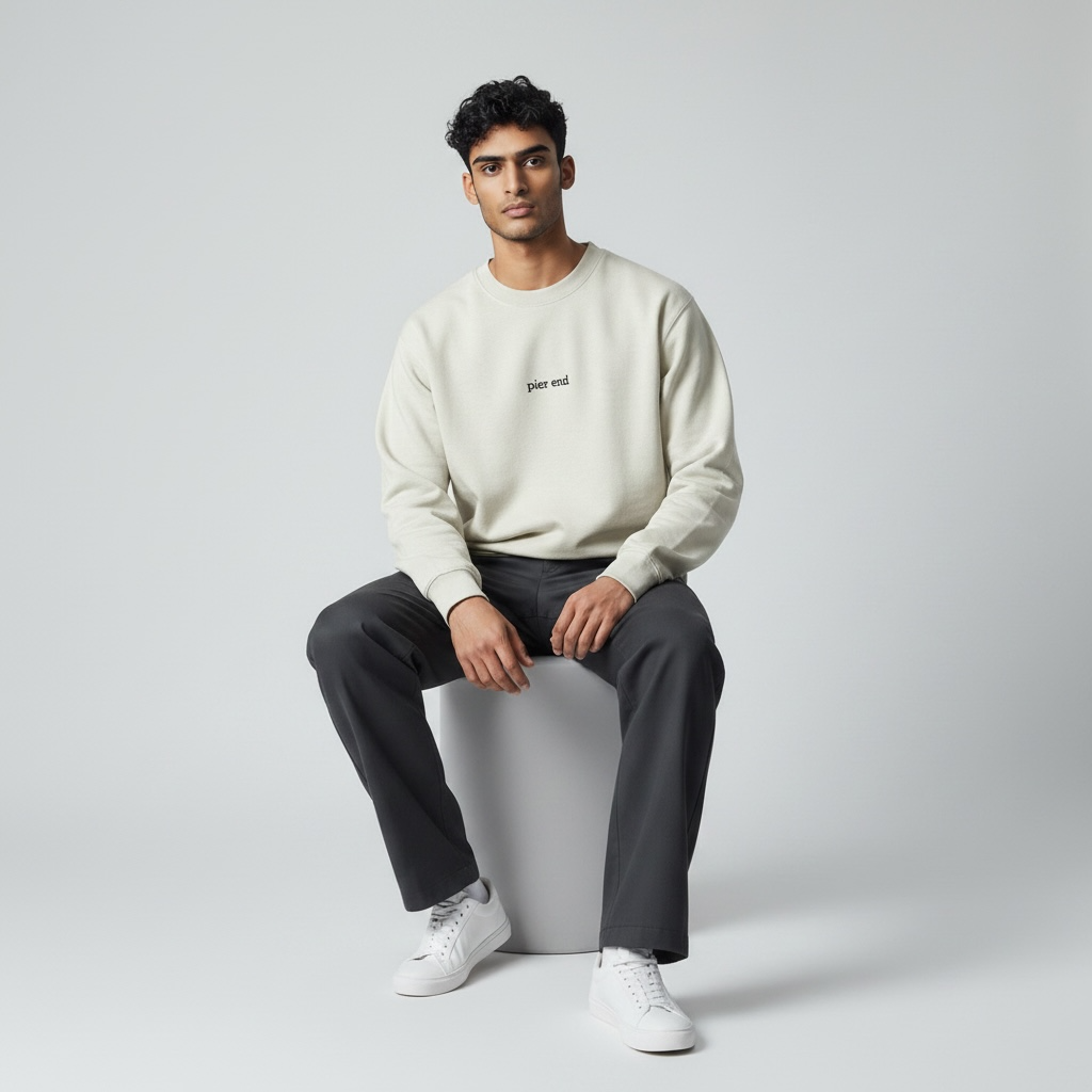 Male model wearing the organic natural crewneck whilst sitting on a stool in a photography studio