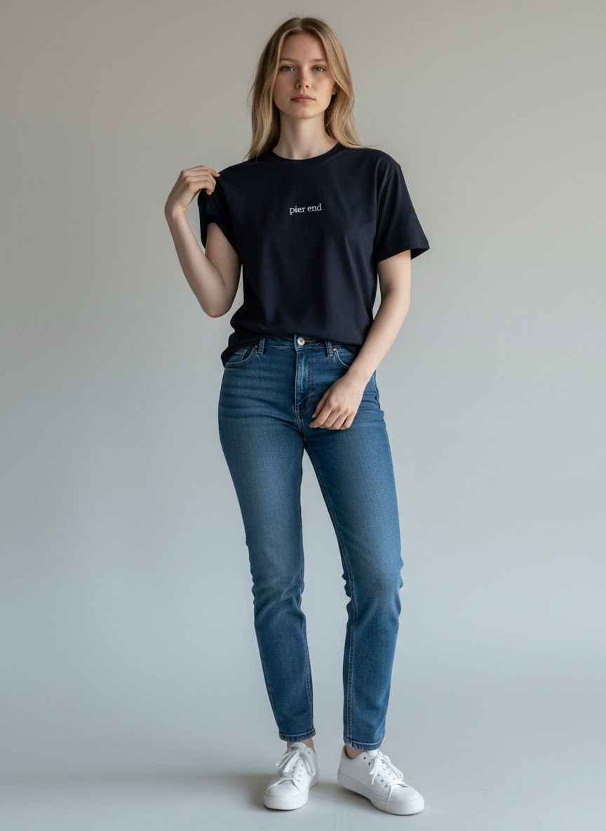 Female model wearing navy organic tshirt in a studio setting