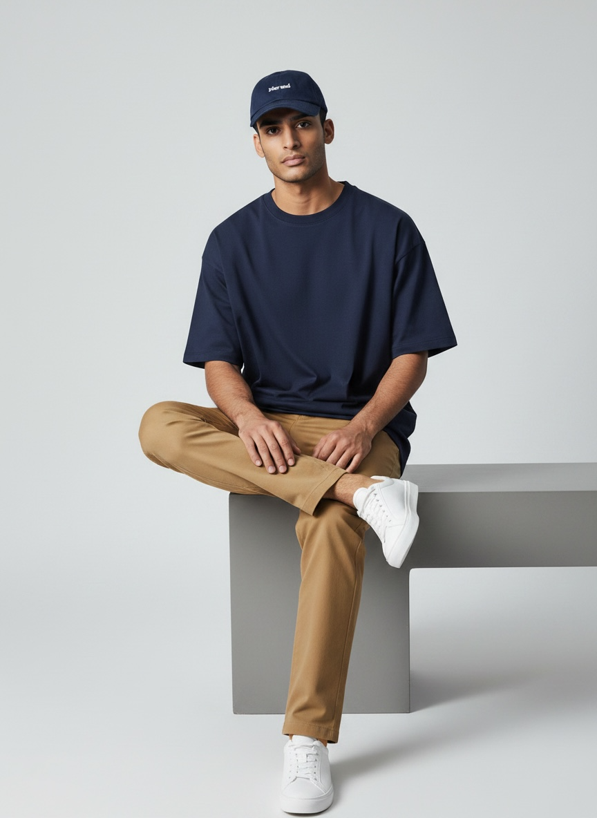 Male model wearing a navy cap in a studio setting