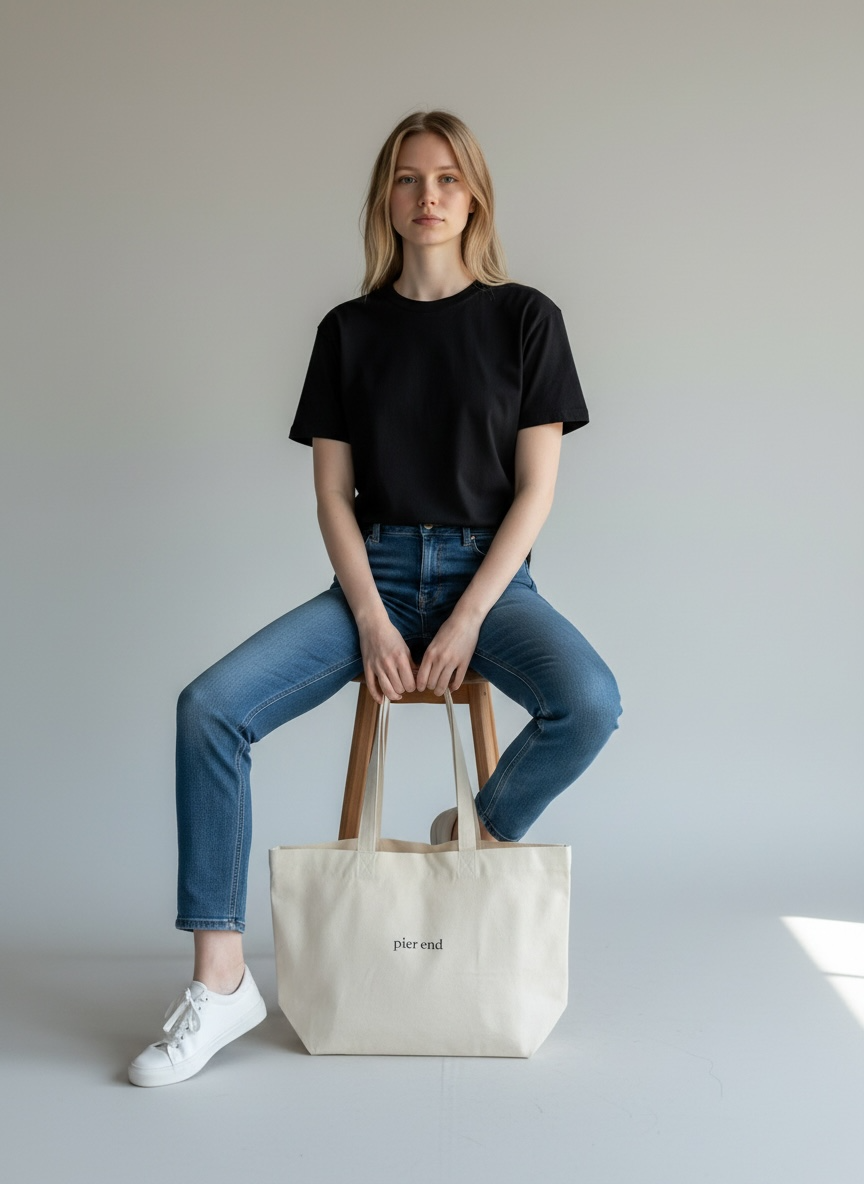 Female model sitting holding the XL canvas tote bag in a studio setting