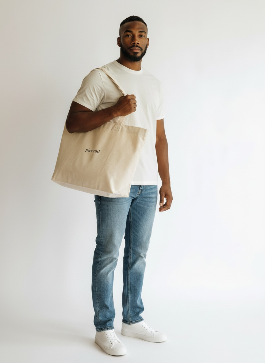 Male model holding the XL tote bag in a studio setting