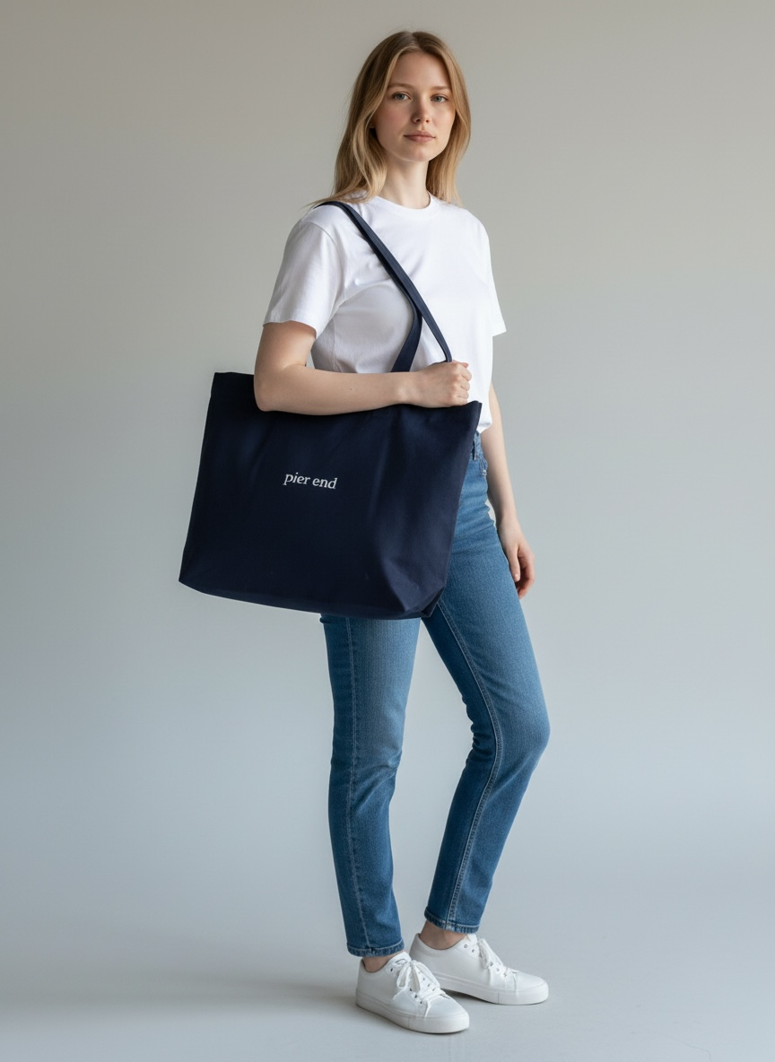 Female model holding the  XL navy canvas tote