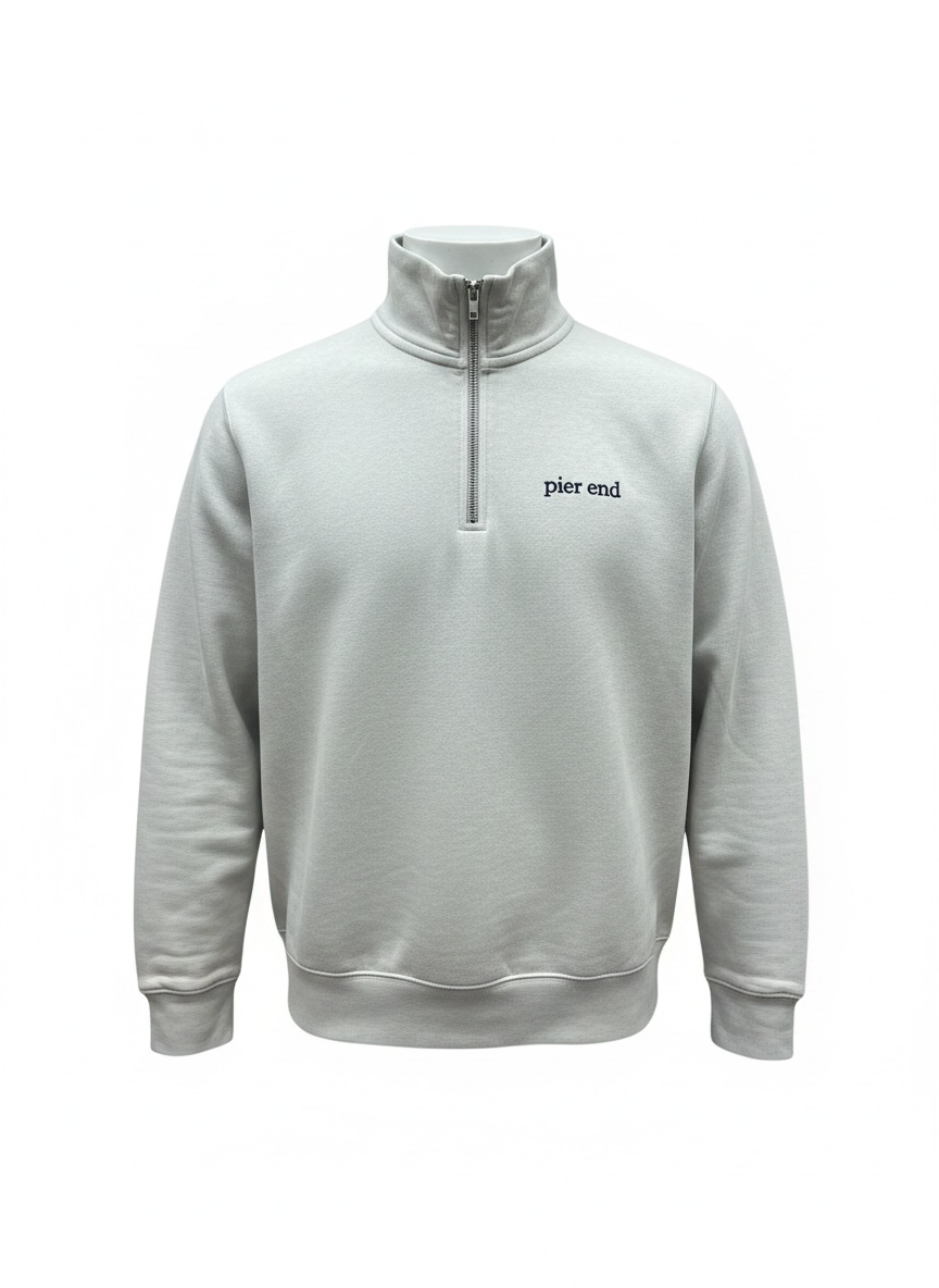 Desert dust organic cotton blend quarter zip with Pier End embroidery, front view