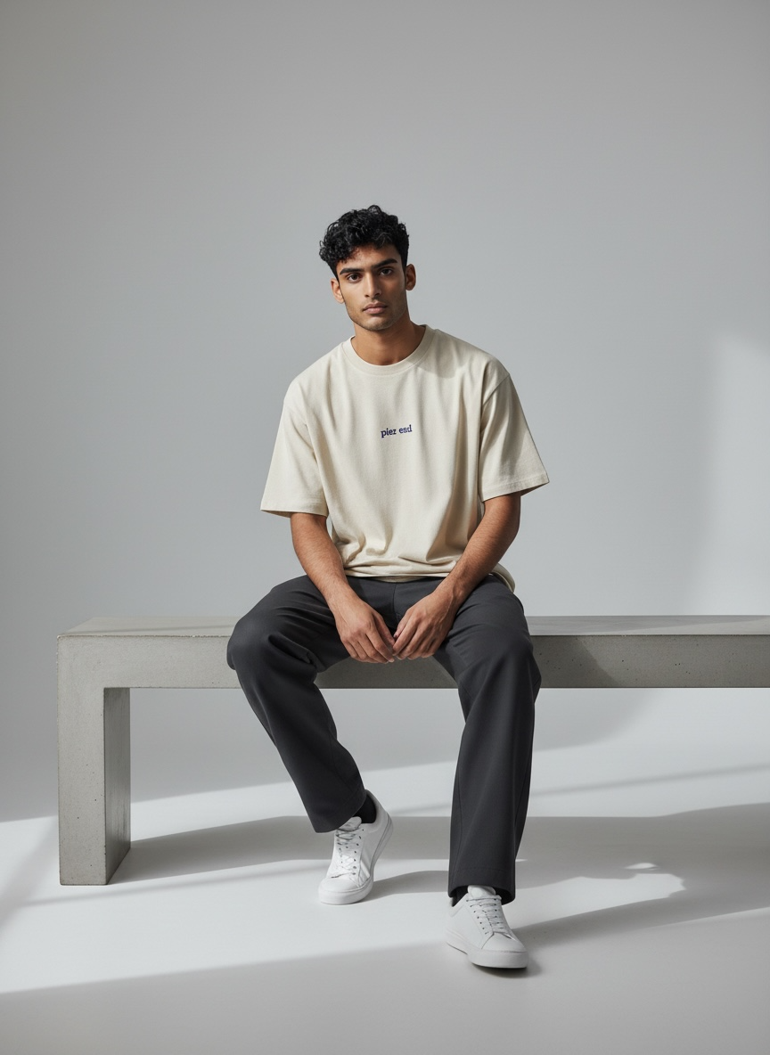 Male model wearing the organic natural tshirt whilst seated on a bench